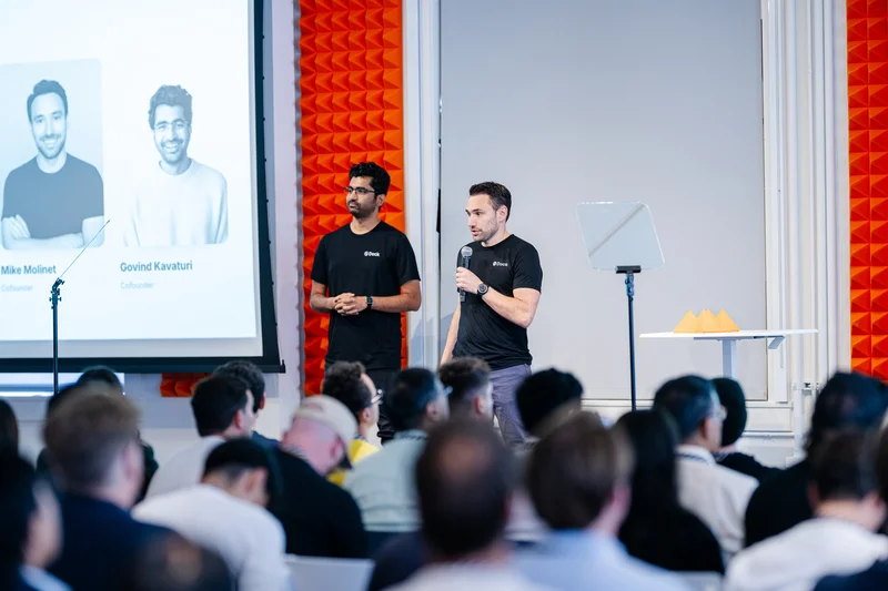 Govind Kavaturi and Mike Molinet, Dock co-founders, presenting on stage at Y Combinator (YC) Demo Day.